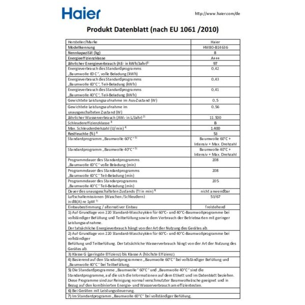 Haier - HW80-B14636 - Waschmaschine - A+++ - 8 kg