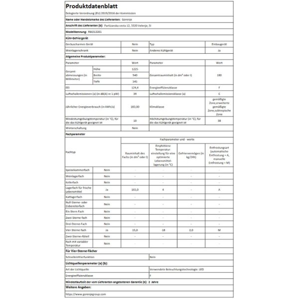 Gorenje - RBI2122E1 - Einbau-K&uuml;hlschrank mit Gefrierfach - Festt&uuml;r-Technik