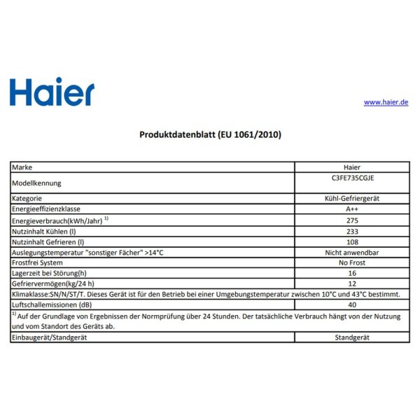 Haier - C3FE735CGJE - K&uuml;hl-Gefrierkombination - A++ - Silber