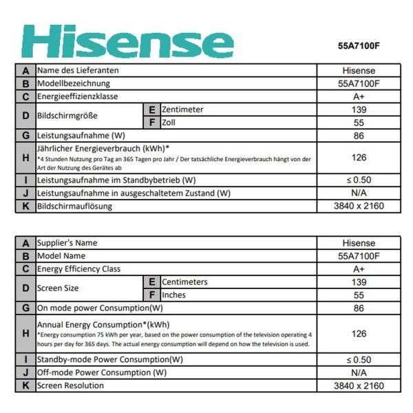 Hisense - 55A7100F - Smart TV - Fernseher - A+ - UHD 4K