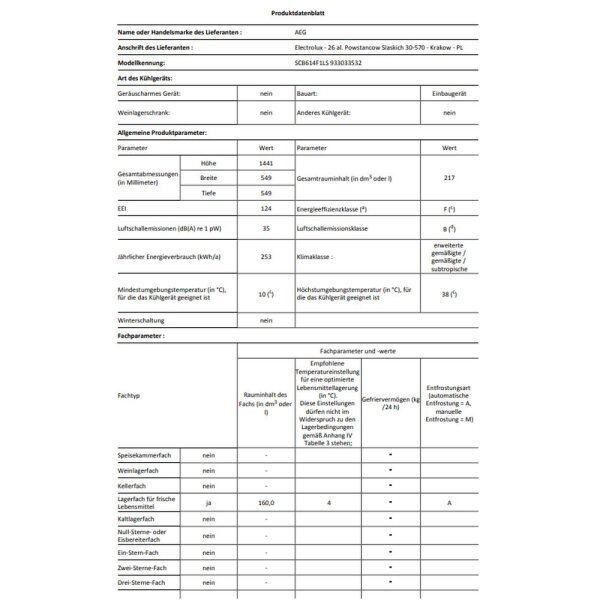 AEG - SCB614F1LS - Einbau-K&uuml;hl-Gefrierkombination - Schleppt&uuml;r-Technik